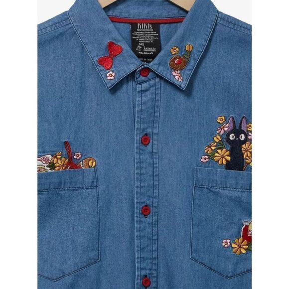 Studio Ghibli Kiki's Delivery Service Jiji Denim Woven Button-Up Shirt Size M - Picture 3 of 8